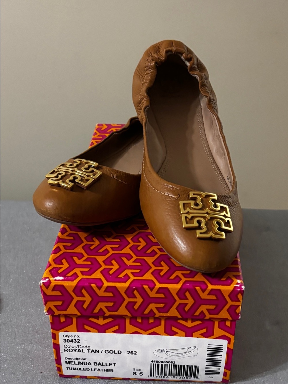 Tory Burch Tan Leather Ballet Flats with Gold Logo Plaque
